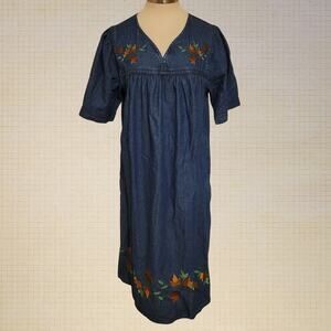 90s Cottagecore Denim Prairie Dress Embroidered Leaves Baby Doll Lg Cotton Pktd.